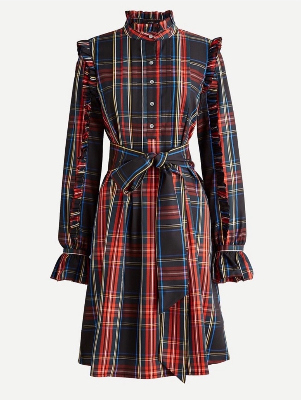 J. Crew Red and Black Plaid Ruffle-Neck Long-Sleeve Dress